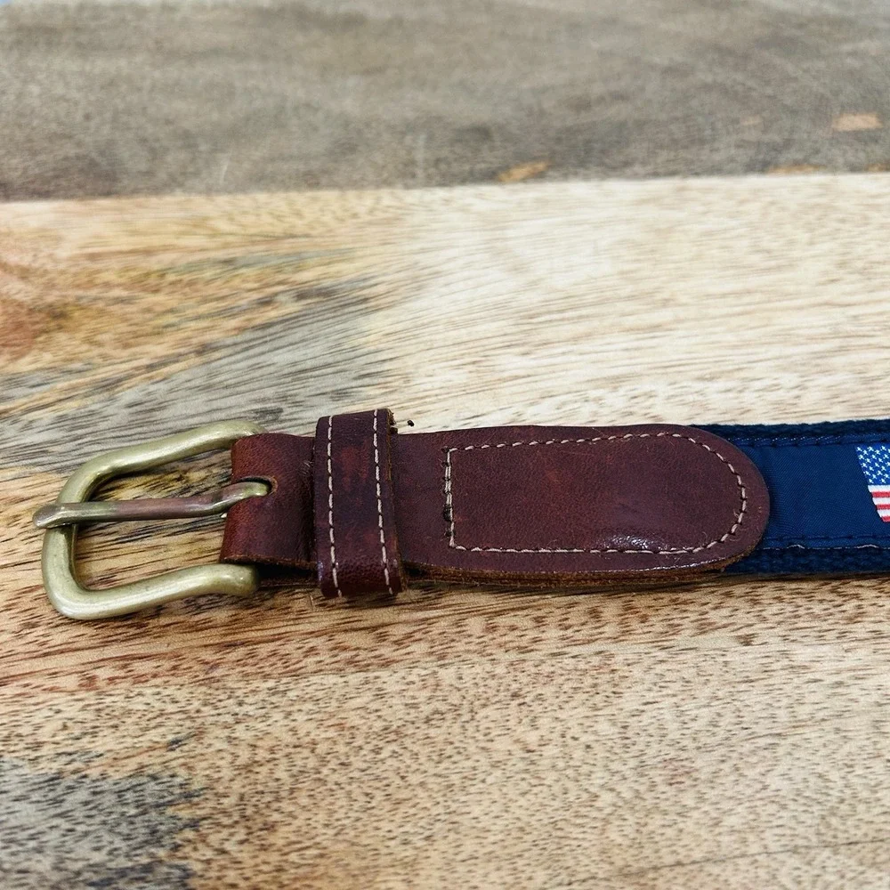 Preston Navy Canvas and Leather Belt With American Flag Size 34 USA Patriotic